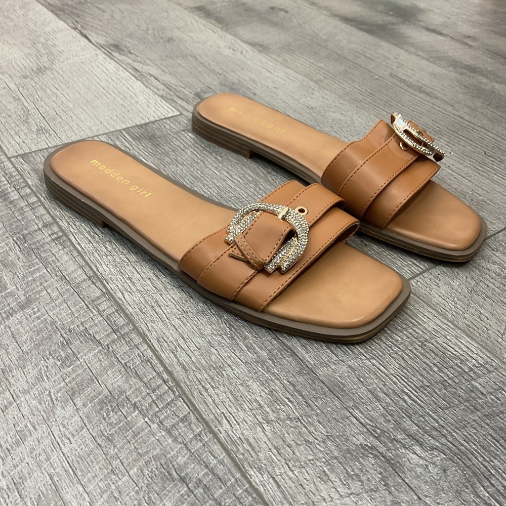 Madden Girl Glidee Brown Rhinestone Buckle Slide Sandals Women's Size 10